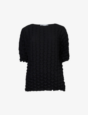 Leem Women's Black Geometric-pattern Plissé Relaxed-fit Woven Top