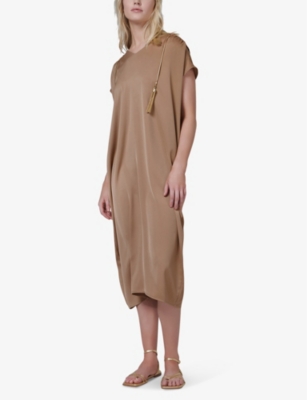 Shop Leem Women's Caramel Hooded V-neck Woven Midi Dress In Brown