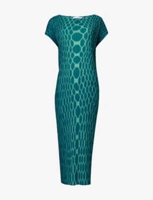 LEEM: Graphic-print plissé woven midi dress