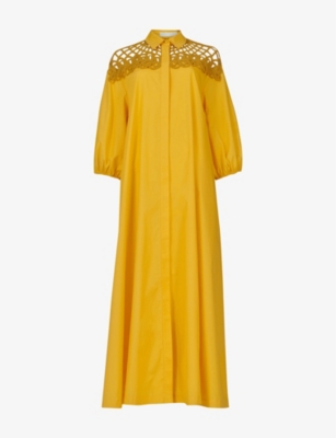 Leem Womens Mustard Lace-embellished Cotton-poplin Maxi Shirt