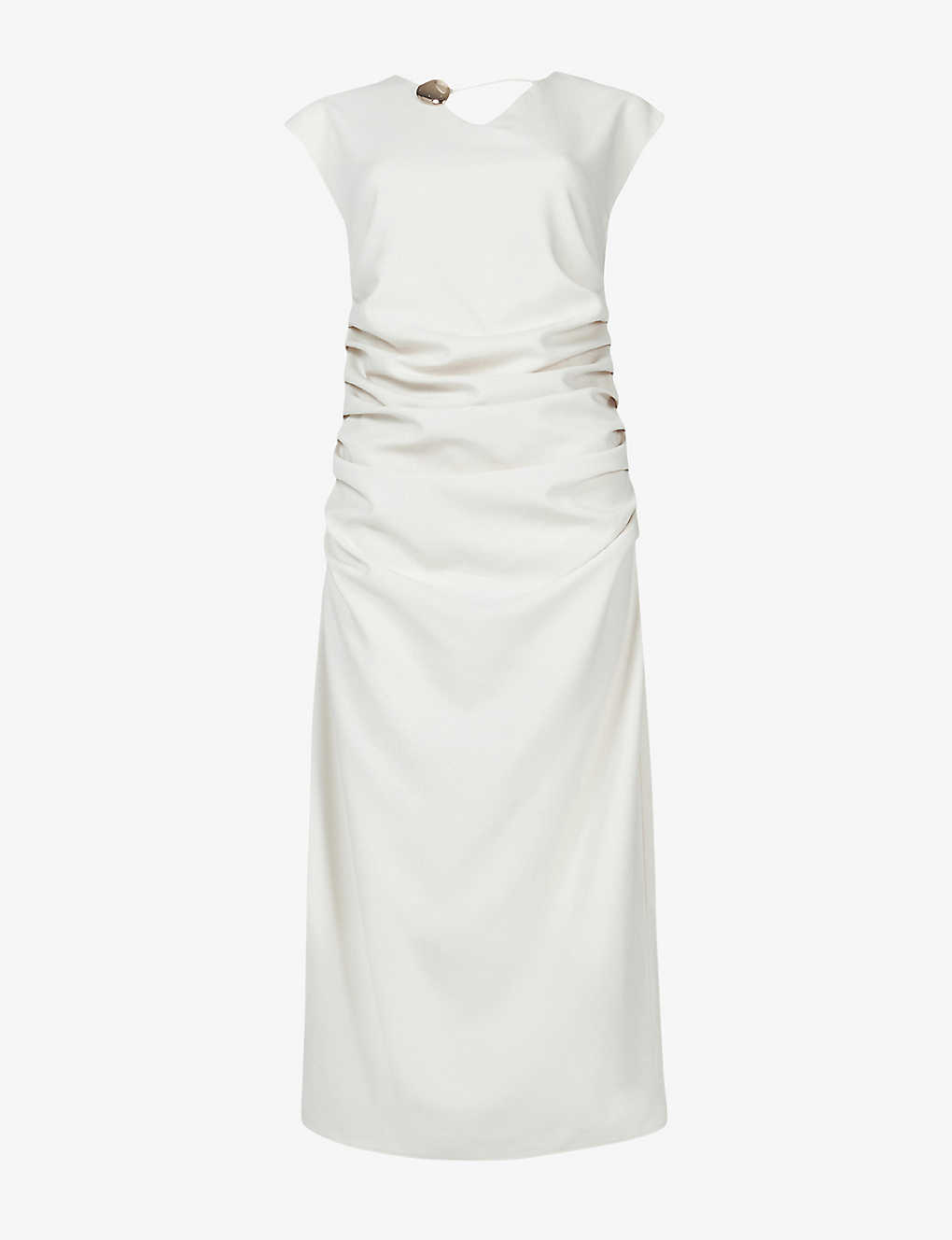 Leem Womens Off White Brooch-trim Ruched Stretch-woven Midi Dress