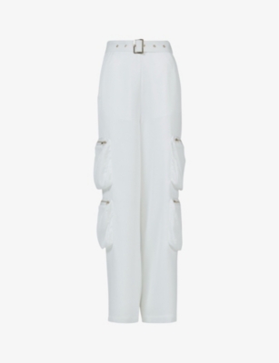 Leem Womens Off White Patch-pocket Belted Wide-leg Woven Cargo Trousers