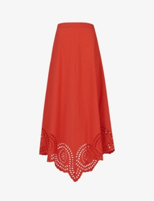 LEEM: Broderie anglaise-embrodiered cotton midi skirt
