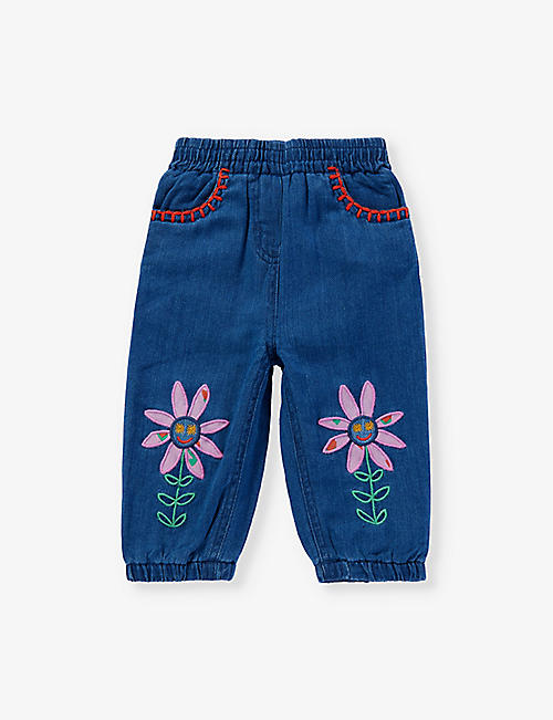 STELLA MCCARTNEY: Flower-embellished contrast-stitch organic-denim jeans 6-36 months