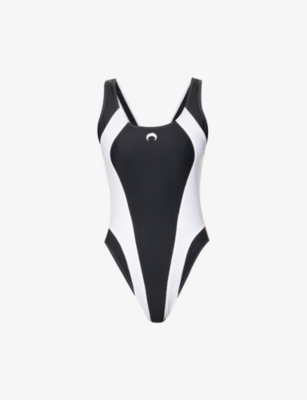 Marine Serre Logo-embossed Panelled Swimsuit In Black