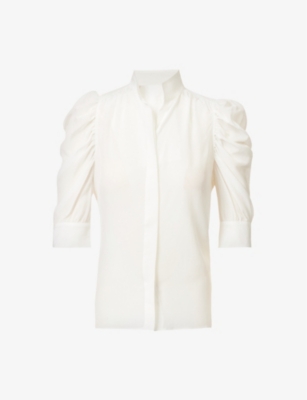 Shop Frame Womens Off White Gillian Puffed-shoulder Silk-crepe Top