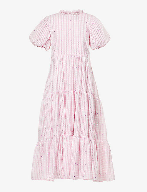 SISTER JANE: Meadow gingham-pattern puff-sleeve tiered woven maxi dress
