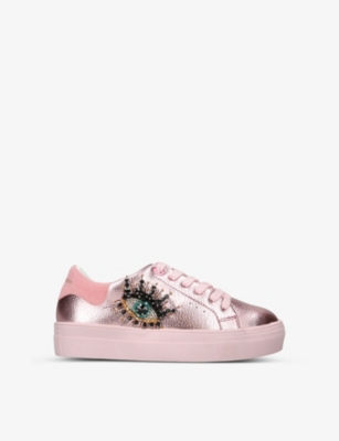 Kurt Geiger London Girls Pink Kids Mini Laney Eye Metallic Beaded Leather Low-top Trainers 7-10 Year