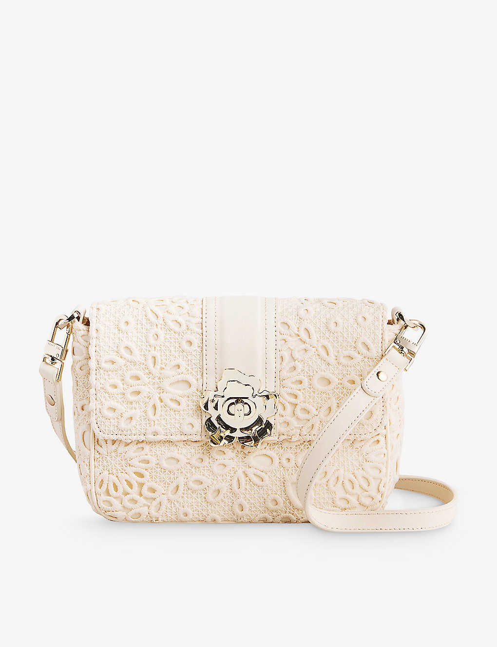 Ted Baker Womens Ivory Floreti Magnolia-badge Lace-embroidered Woven Crossbody Bag