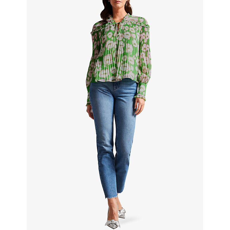 Shop Ted Baker Women's Green Floral-print Pleated Woven Top