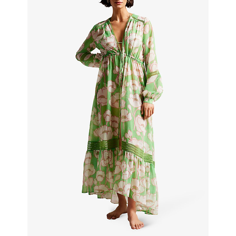 Shop Ted Baker Womens Green Elisiia Floral-print Woven Maxi Dress