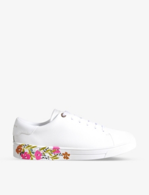Ted Baker Sheliie Floral-print Leather-blend Low-top Trainers In White