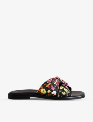 TED BAKER TED BAKER WOMEN'S BLACK ASHNI FLORAL-PRINT TWIST-KNOT COTTON SANDALS,66456224