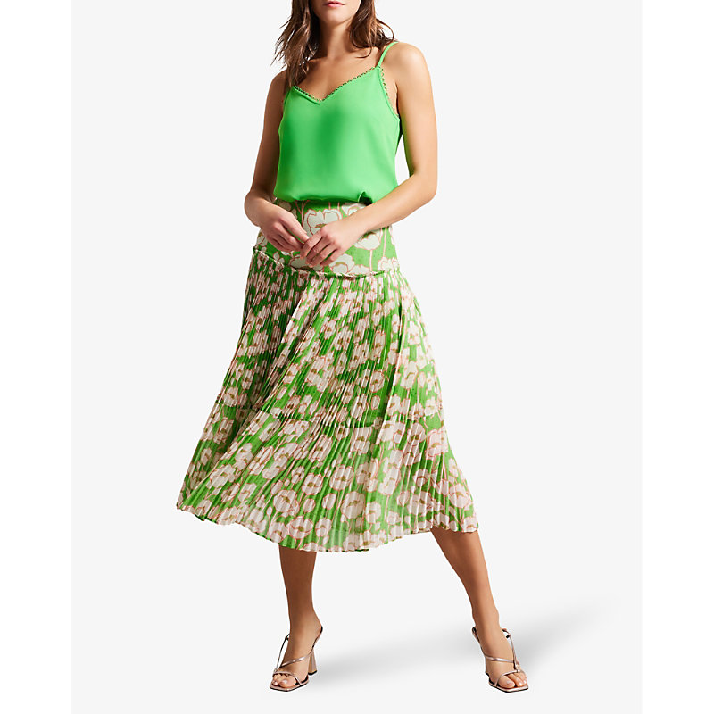 Shop Ted Baker Womens Green Maryin Floral-print Pleated Recycled Polyester-blend Midi Skirt