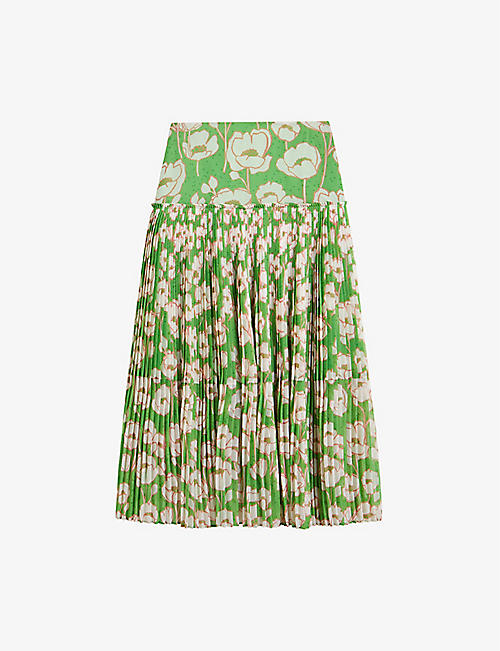 TED BAKER: Maryin floral-print pleated recycled polyester-blend midi skirt