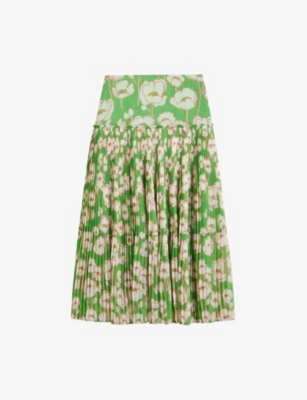 Ted Baker Womens Green Maryin Floral-print Pleated Recycled Polyester-blend Midi Skirt