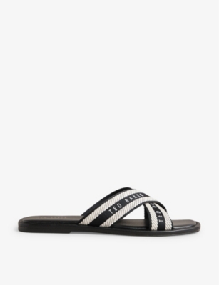 Ted Baker Womens Black-wht Ashika Logo-print Cross-strap Woven Sandals