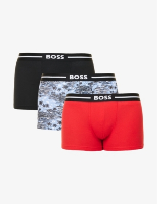 Hugo Boss Three-pack Of Stretch-cotton Trunks With Logo Waistbands In Open Blue