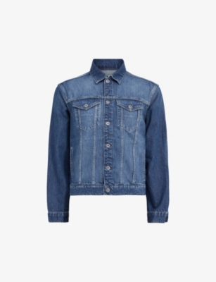 Shop Allsaints Men's Indigo Blue Hebden Long-sleeve Regular-fit Organic-cotton Denim Jacket