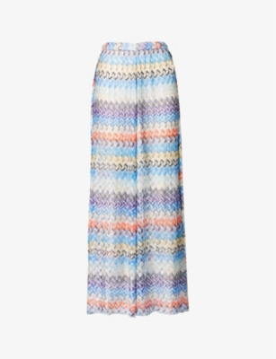Shop Missoni Womens Multi-coloured Zigzag Wide-leg High-rise Split-hem Woven Trousers