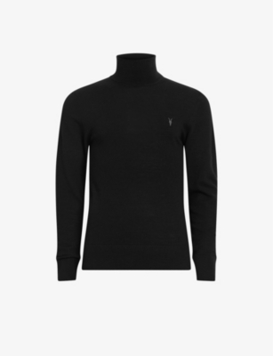 Allsaints Mens Black Mode Logo-embroidered Turtleneck Wool Jumper