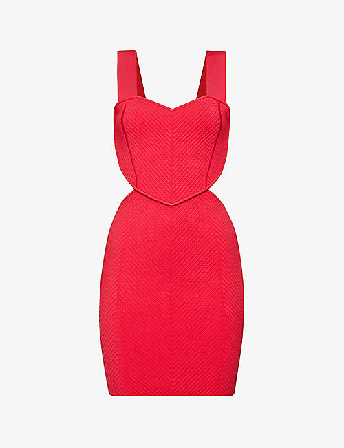 HERVE LEGER: Sweetheart-neck cut-out recycled viscose-blend knitted mini dress