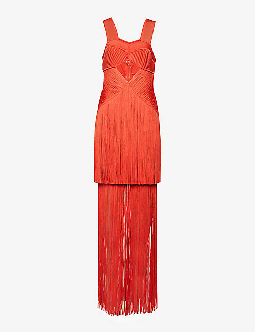 HERVE LEGER: Fringe-embellished cut-out recycled rayon-blend knitted maxi dress