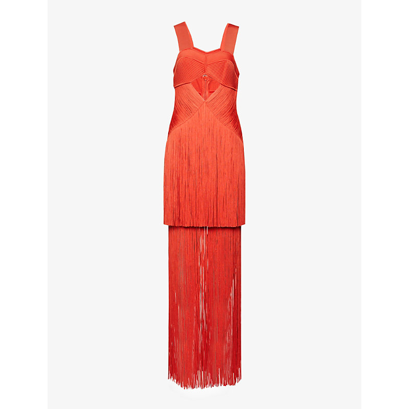 HERVE LEGER HERVE LEGER WOMEN'S FLAME FRINGE-EMBELLISHED CUT-OUT RECYCLED RAYON-BLEND KNITTED MAXI DRESS,66496602