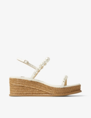 JIMMY CHOO: Amatuus 60 faux pearl-embellished leather wedge sandals