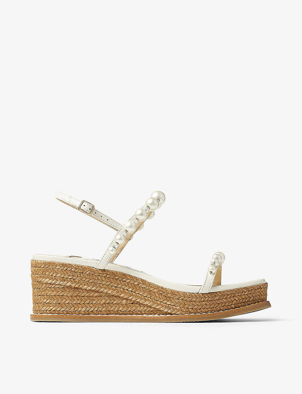Shop Jimmy Choo Amatuus 60 Faux Pearl-embellished Leather Wedge Sandals In Latte/white