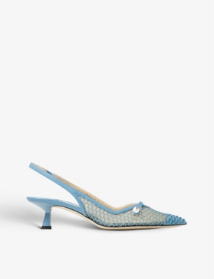 Shop Jimmy Choo Women's Smoky Blue Amita 45 Pointed-toe Mesh Slingback Heeled Pumps