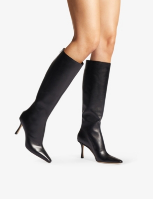 Shop Jimmy Choo Womens Black Agathe 85 Point-toe Knee-high Leather Boots