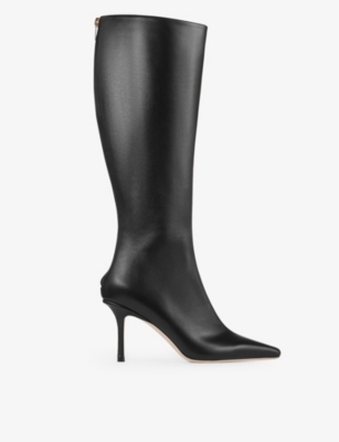 Shop Jimmy Choo Agathe 85 Point-toe Knee-high Leather Boots In Black