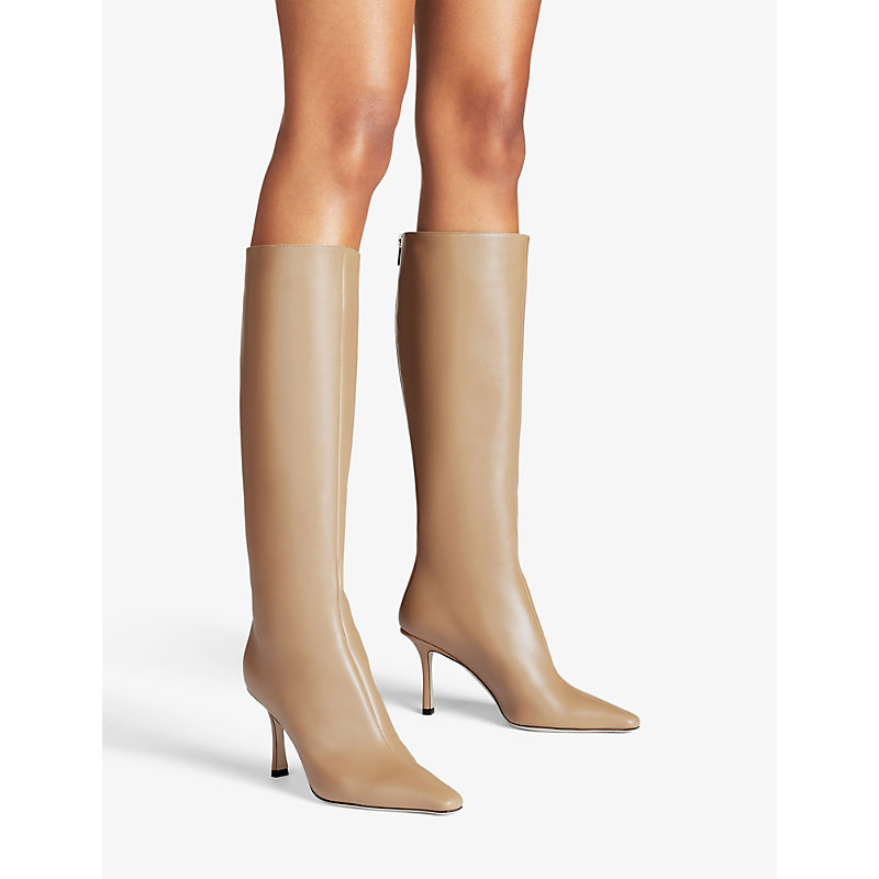 Shop Jimmy Choo Agathe Pointed-toe Knee-high Leather Boots In Brown