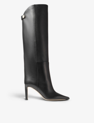 Shop Jimmy Choo Alizze Pointed-toe Leather Knee-high Boots In Black