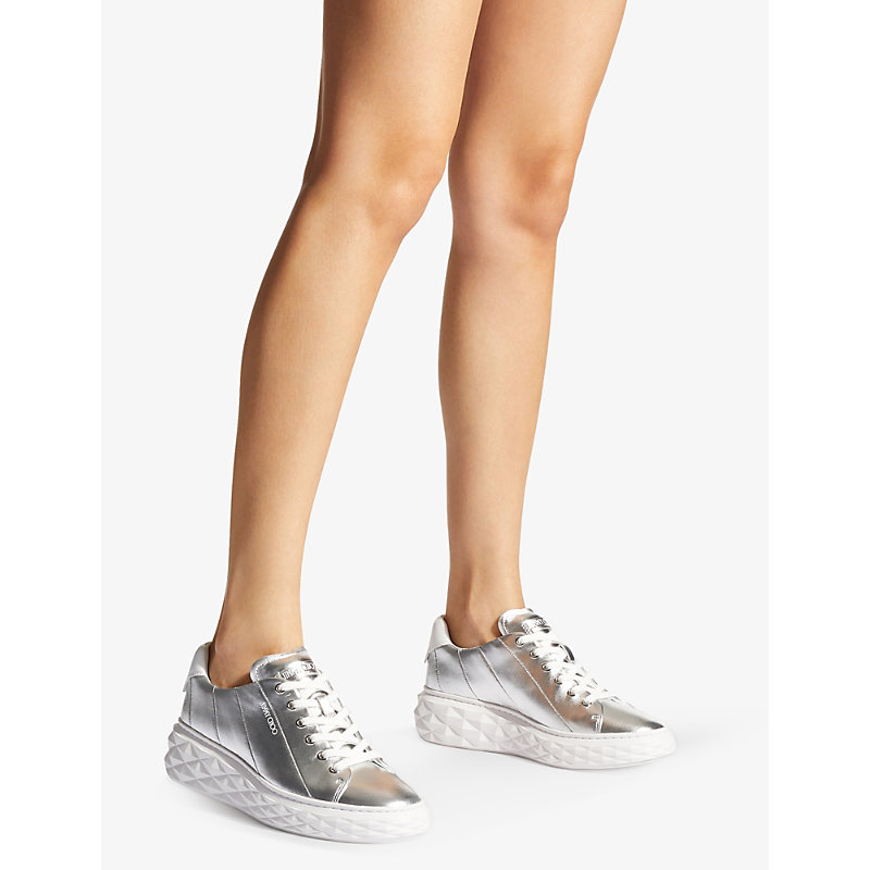 Shop Jimmy Choo Diamond Light Maxi Leather Low-top Trainers In Silver