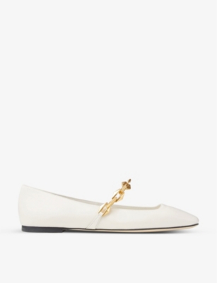 Jimmy Choo Womens Latte Diamond Tilda Chain-embellished Leather Flats In Latte