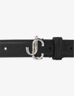 Shop Jimmy Choo Women's Black/silver Helina Brand-plaque Mini Leather Belt
