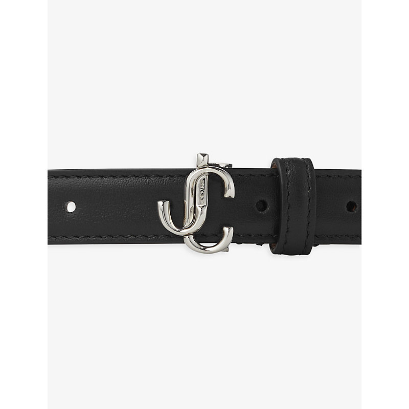 Shop Jimmy Choo Women's Black/silver Helina Brand-plaque Mini Leather Belt