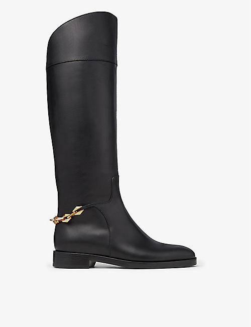 JIMMY CHOO: Nell chain-embellished leather knee-high boots