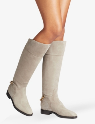Shop Jimmy Choo Women's Taupe Nell Chain-embellished Suede Knee-high Boots