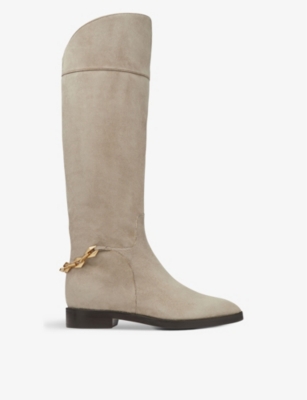 Shop Jimmy Choo Women's Taupe Nell Chain-embellished Suede Knee-high Boots