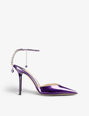 Jimmy Choo Saeda Crystal Ankle Strap Pointed Toe Pump In Cassis/cassis