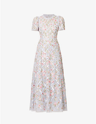 NEEDLE AND THREAD: Athena floral-embroidered recyled-polyester gown