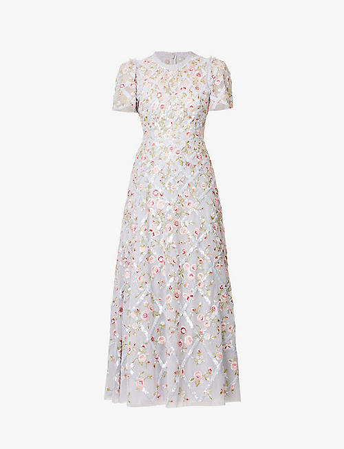 NEEDLE AND THREAD: Athena floral-embroidered recyled-polyester gown