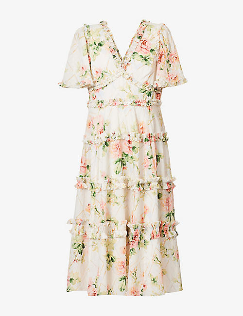 NEEDLE AND THREAD: Harlequin Rose floral-print organic-cotton midi dress
