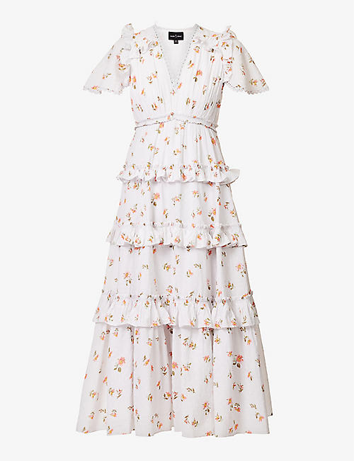 NEEDLE AND THREAD: Floral-print tiered-hem organic-cotton midi dress