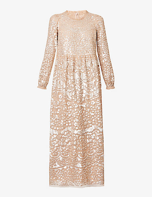 NEEDLE AND THREAD: Lucille sequin-embellished long-sleeved maxi dress