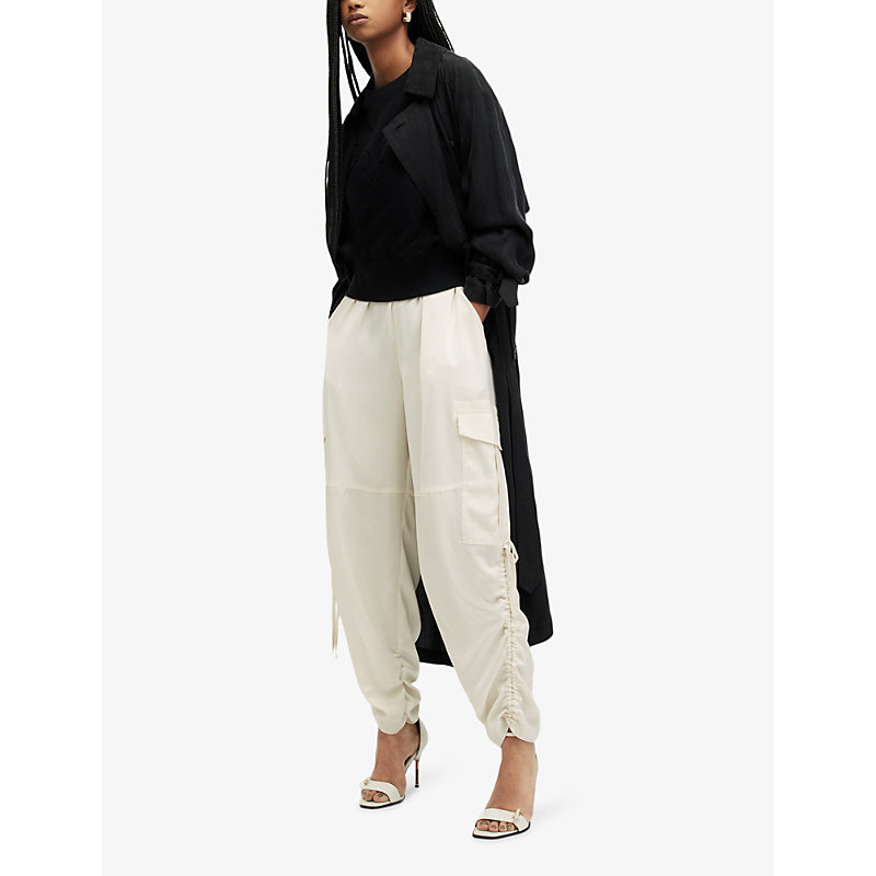 Shop Allsaints Kaye Oversized Tapered High-rise Recycled Polyester-blend Cargo Trousers In Beige White