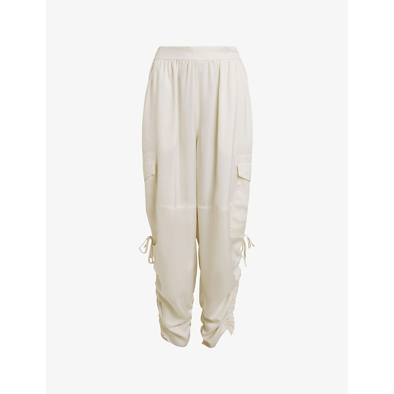 Shop Allsaints Womens Beige White Kaye Oversized Tapered High-rise Recycled Polyester-blend Cargo Trouser